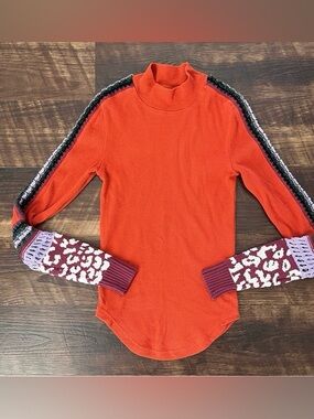 Free People Womens Switch It Up Thermal Top Boho Crochet Cuff Mock Neck Medium